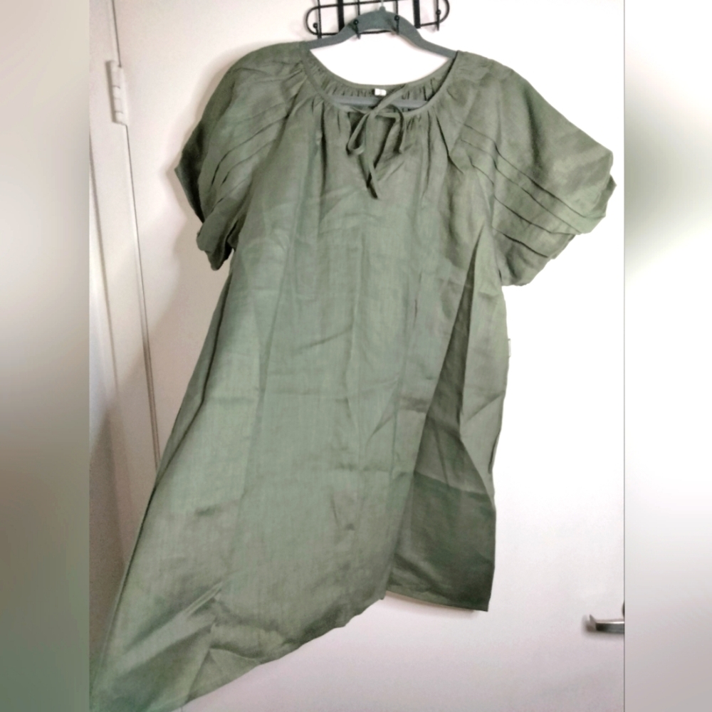 Amazhiyu (Size M) Olive Green 100% Linen Tie Keyhole Puff Sleeves Shift Dress